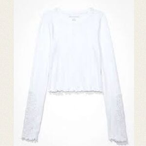 American Eagle AE White Long Sleeve Ribbed Lace Lettuce-Edge Trim Crop Top Small